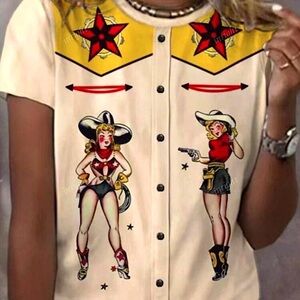 Retro Vintage Pin Up Western Graphic Women's Top XL